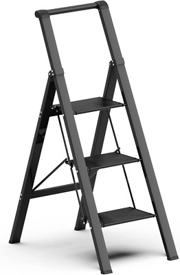 3 Step Ladder, Slim Folding Steps Stool with Handrail, Lightweight Aluminum Allo