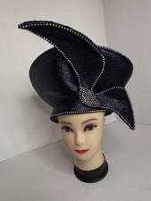 Vintage Jack McConnell Hat Blue Straw Rhinestones Structured Winged Avant-Gard