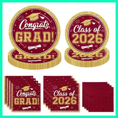 Graduation Plates and Napkins 2026,200pcs Maroon and Gold Graduation Decorati...