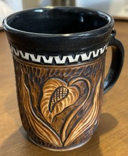 Foxlo hand-carved ceramic art pottery mug. 2010. Signed Bottom. 