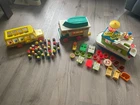 Lot of vintage Fisher Price toys school bus, camper, boat and accessories