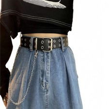 Leather Waist Chain Belt for ,Double Grommet Black PU Leather Belt,Gifts for ...