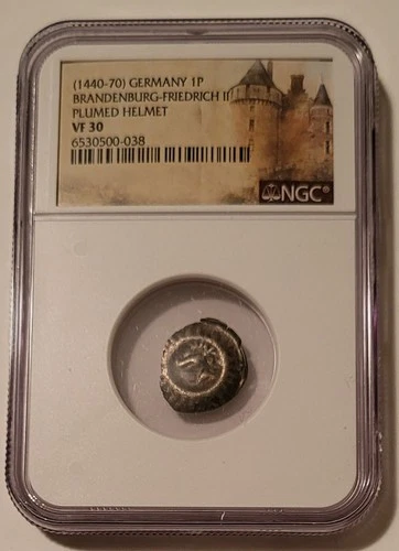 Germany Brandenburg Friedrich II (1440-70) Pfennig Plumed Helmet VF30 NGC