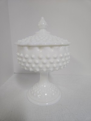 Vintage Fenton Milk Glass Hobnail Covered Candy Dish Pedestal Compote Marked