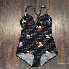 Vintage Black Floral One Piece Swimsuit Womens Small Halter Cross Back Germany