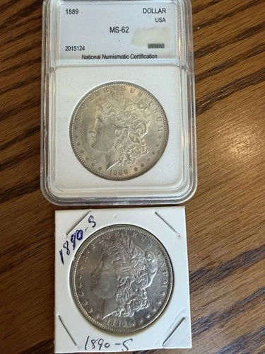 1889-P & 1890-S Morgan Silver Dollars. 2 Coin Lot. 90% Silver, Nice Condition