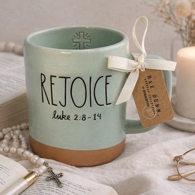 Rae Dunn Rejoice Mug Luke 2:8-14 Cross Interior Christian Faith Mint Green NWT
