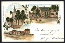 Lithographie Aerzen, Bahnhof, Restaurant und Kaufhaus Dommes, Kirche 1898 