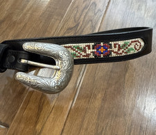 Vintage Tony Lama Western Leather Beaded Belt Women's 28 Black Made in USA Aztec