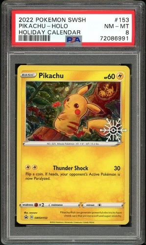 PSA 8 NM-MINT Pikachu SWSH153 Holiday Calendar Pokemon Card