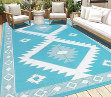 Reversible Teal Outdoor Rug 8x10 Ft Waterproof For Patio Porch Camping Clearance