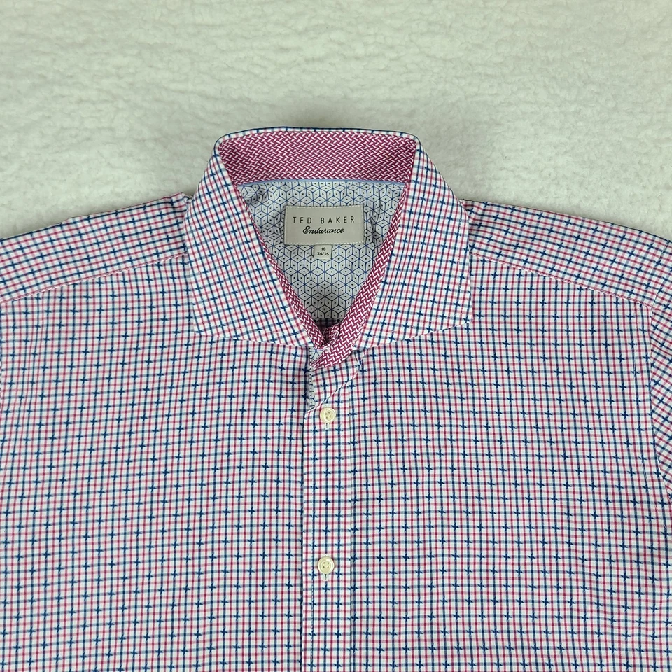 Camisa de vestir Ted Baker Endurance para hombre 16 34/35 azul rojo a cuadros con botones Foto 3 de 4