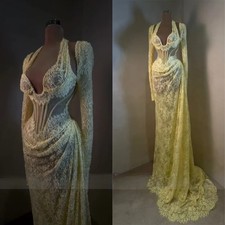 Yellow Lace Wedding Dress Semi Sheer Corset Dreamy Tulle Bridal Gowns