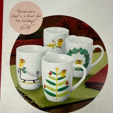 Rachael Ray Holiday Hoot 4 Piece Mug Set Porcelain Coffee Christmas Winter NEW