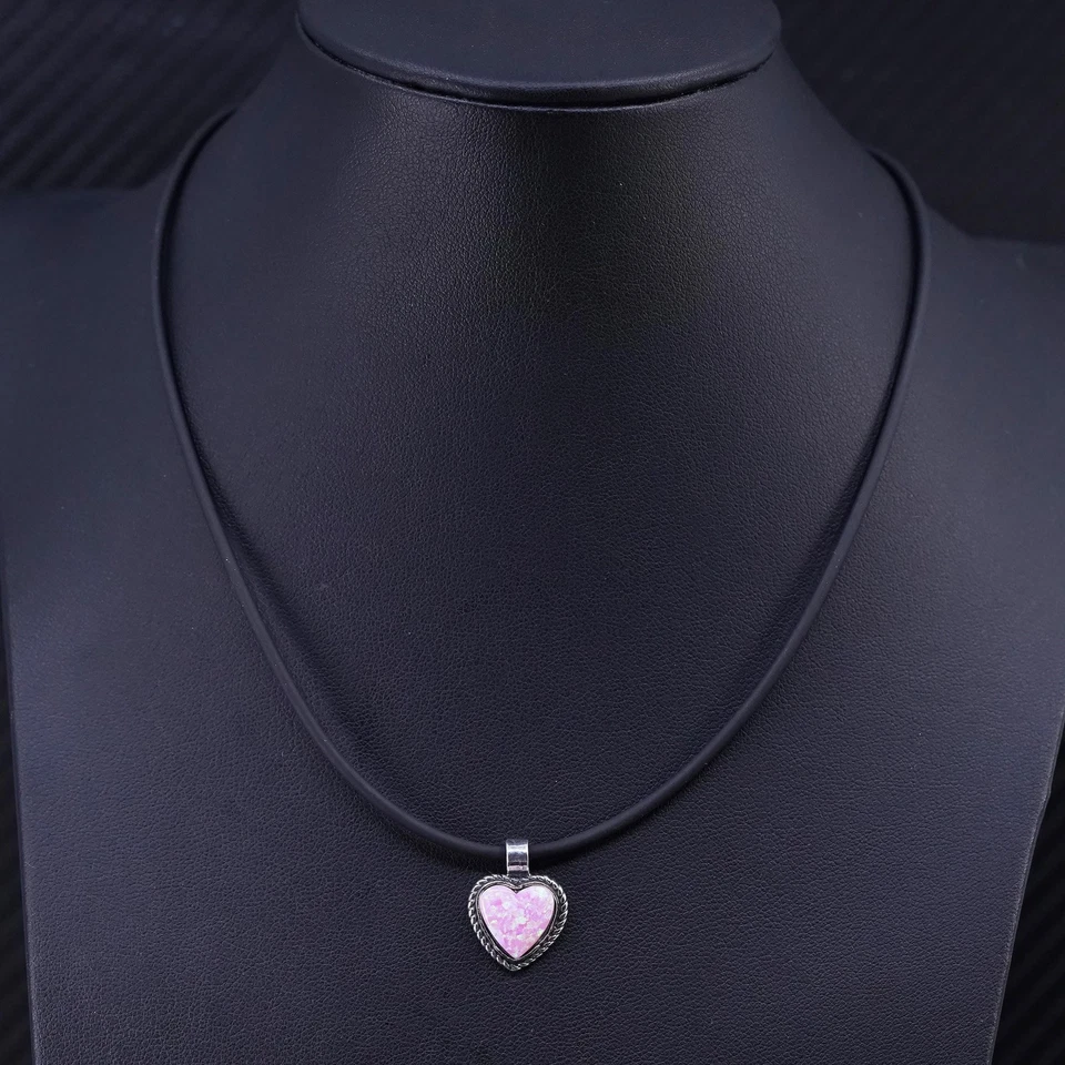 "Colgante corazón ópalo plata esterlina 925 vintage 16"" 1 mm con collar de goma" Foto 2 de 4