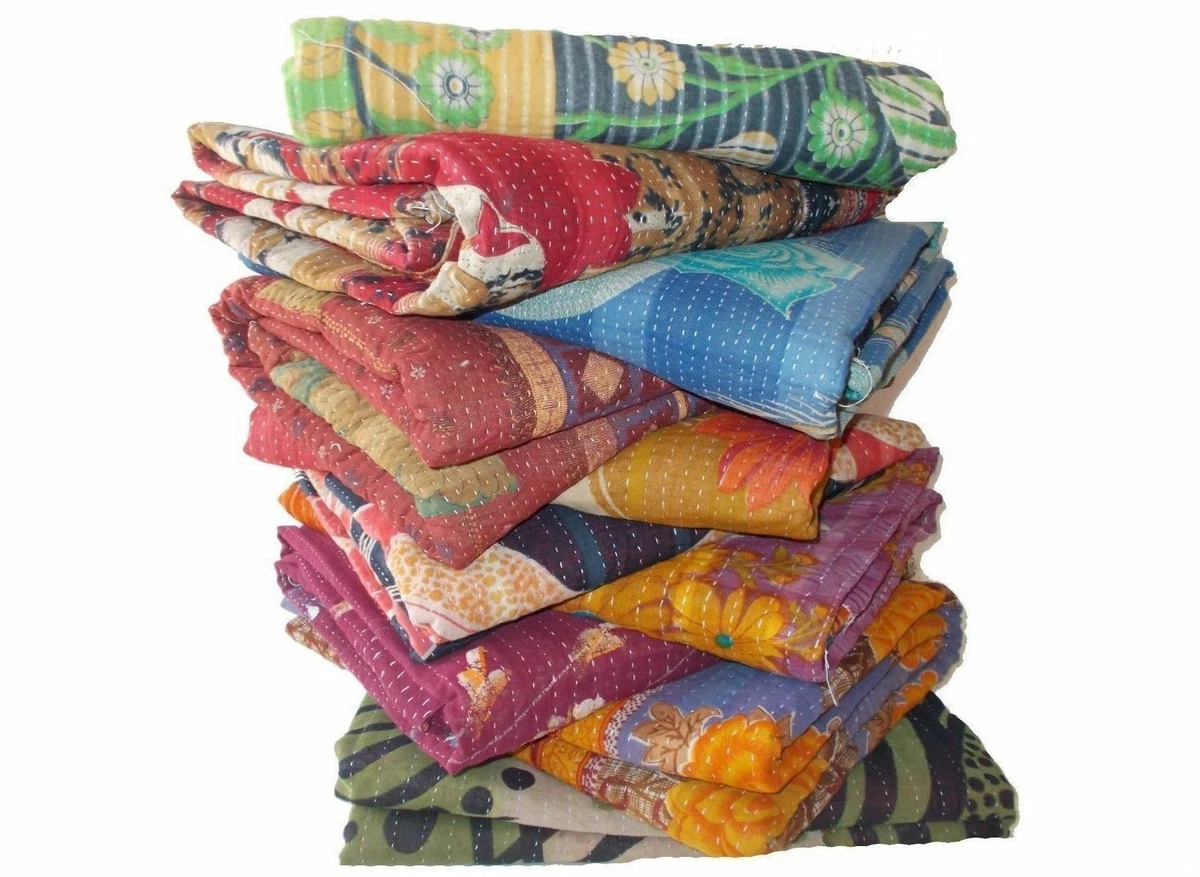Colcha Kantha Multicolor Tamaño King - Hecha A Mano En India, Algodón, Diseño Bohemio, 228 X 258 Cm