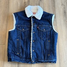 Vintage 80s Levis Western Denim Trucker Sherpa Lined Vest Dark Wash Men s Large