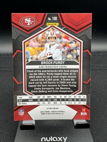 2024 Mosaic Football - Brock Purdy, #190 - Silver - San Francisco 49ers - Picture 7 of 7