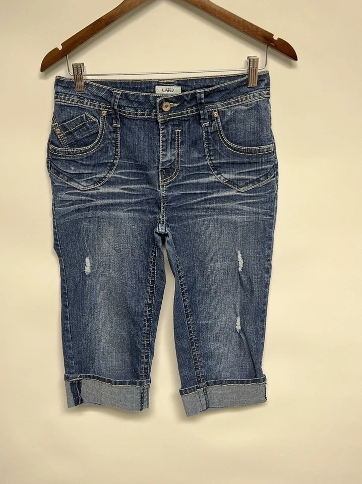 Pantalones de mezclilla capri tiro bajo con puños Y2K de colección para mujer talla 6 preppy patinador estrella pop Foto 2 de 4