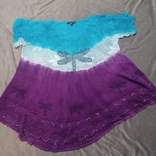 Greater Good Dragonfly Shirt Womens Free Size Purple Beaded Comfort Vacation Top