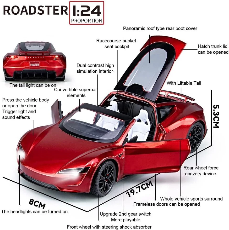 Modelo de coche deportivo Tesla Roadster escala 1:24 diecast vehículos de carreras modo juguete Foto 2 de 4