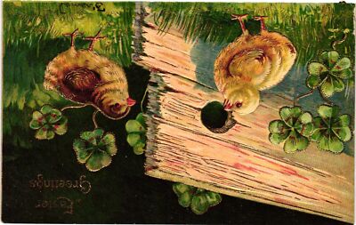 Vintage Postcard- EASTER GREETINGS, CHICKS, FOUR LEAF CLOVERS