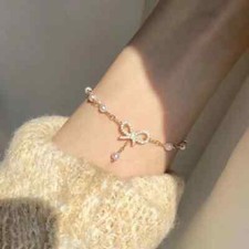 Imitation Pearl Chain Bracelet with Crystal Bow for Women Girls Party Jewelry