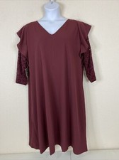 Du Jour Womens Plus Size 2X Maroon V-neck Stretch Ruffle Dress 3/4 Lace Sleeve