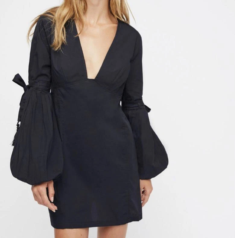 FREE PEOPLE black puff sleeve v neck mini dress