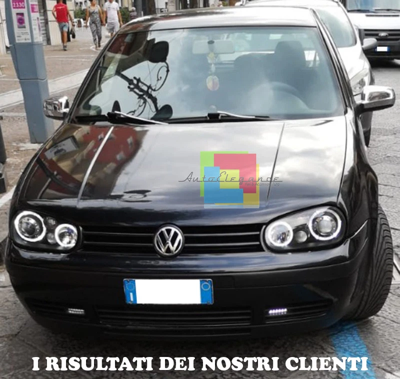 VW GOLF 4 IV DAL 1997 AL 2003 FARI ANTERIORI NERI CON ANGEL EYES BIANCHI A LED - - Immagine 4 di 4
