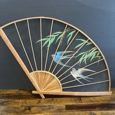 VNTG Asian Oriental Wall Hanging Fan Hand Painted Bamboo  Linen Vintage Rare