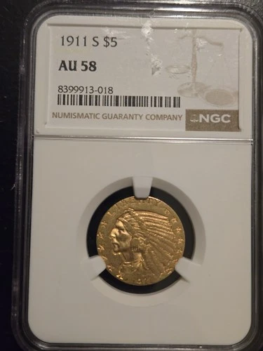 1911 S Indian Head AU58 $5 Gold Coin NGC Certified