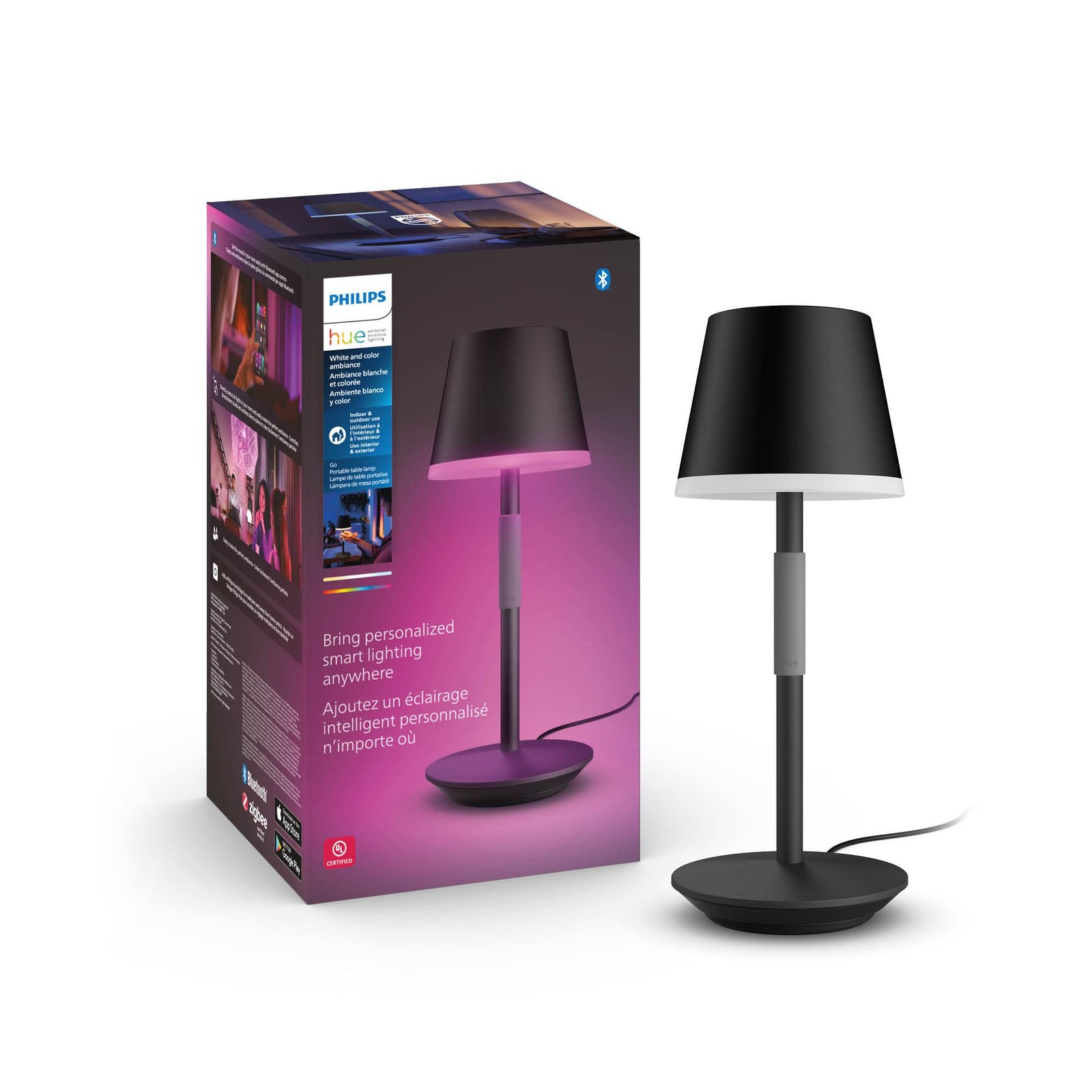 Lampe de chevet portable Philips Hue Go noire sans fil contre le manque de prises