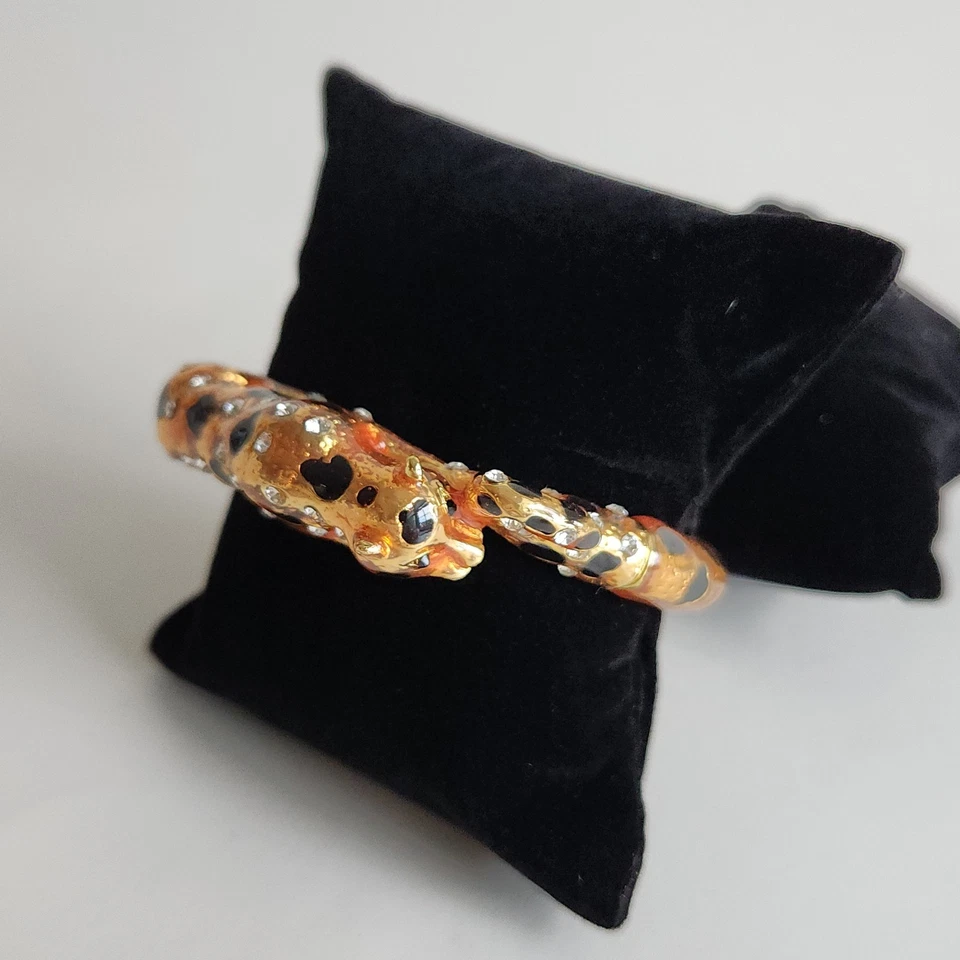 Gold Tone Bracelet Leopard Print Bangle Bracelet with Enamel and Rhinestones - Image 2 of 4