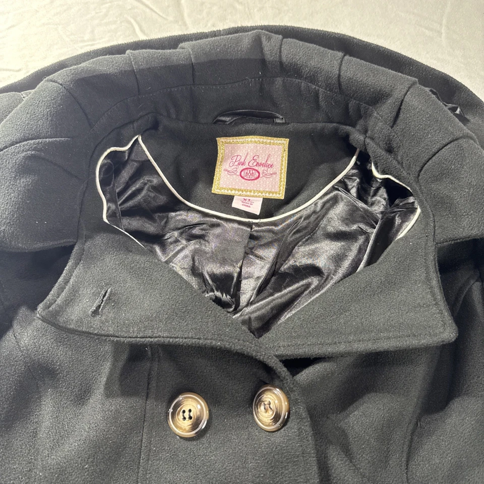 Pink Envelope Women's XL Black Hooded Peacoat Double Breasted Button Jacket - Image 2 of 4