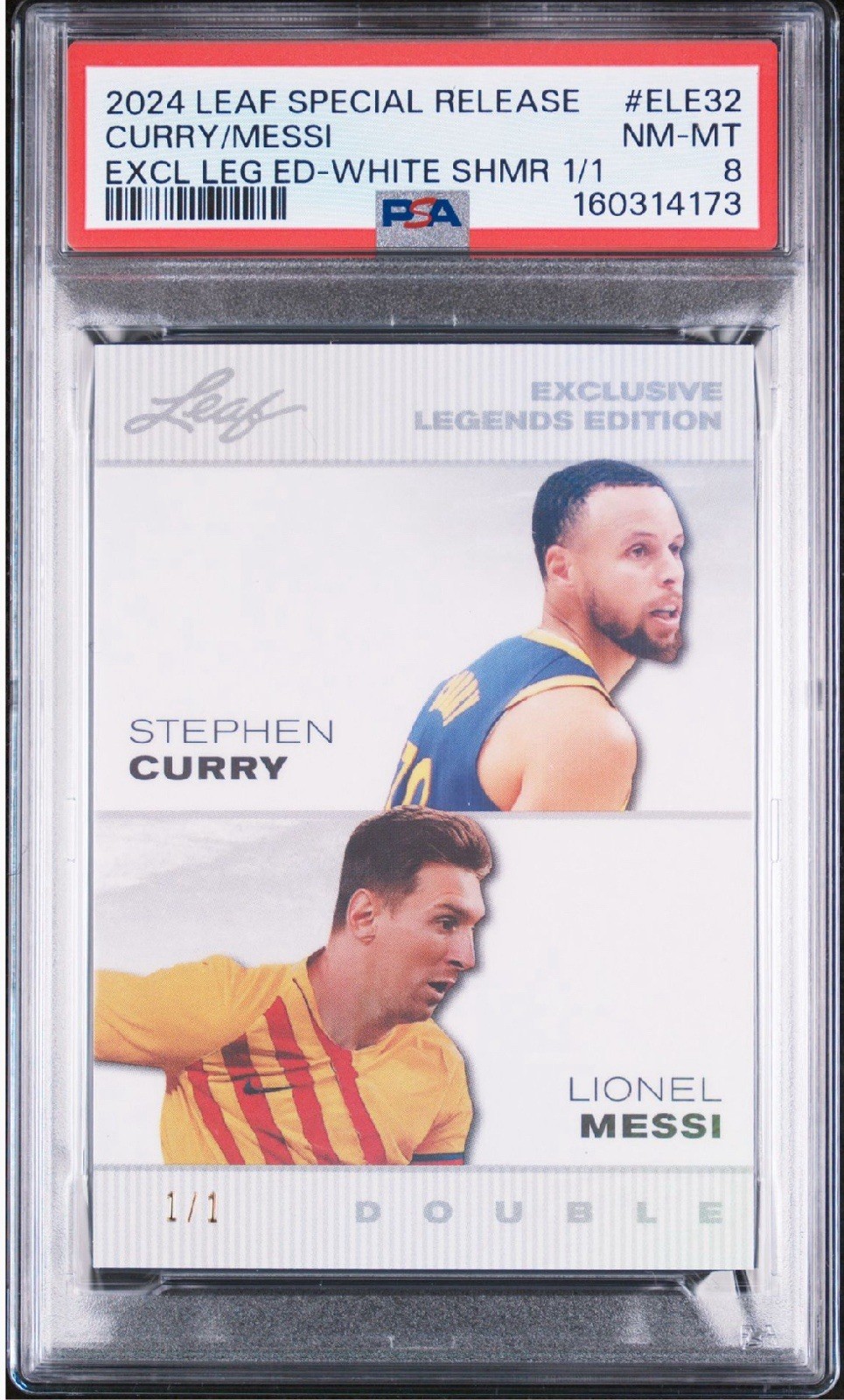 Leaf 2024 Special Release Curry/Messi #ELE32 White Shimmer 1/1 PSA 8