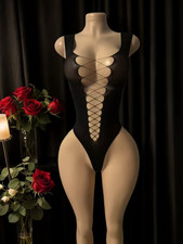 Black Fishnet Teddy Bodysuit Open Back Lace-Up One Piece Stretch Lingerie OS