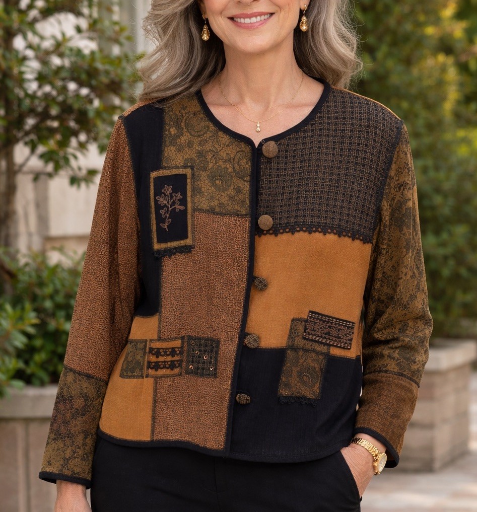 Koret Petites XL Patchwork Jacket Brown Black Flo… - image 1