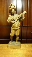ANTIQUE 10" HAND CARVED WOOD PIRATE MANDOLIN MEDIEVAL MUSICIAN STATUE SCULPTURE
