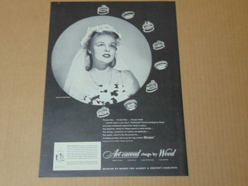 1947 ART-CARVED WEDDING RINGS BY WOOD BRIDE vintage art print ad