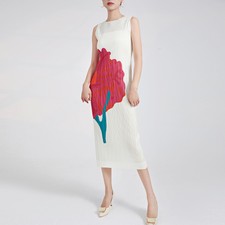 Women Mid Long Dress Floral Printed Sleeveless Evening Party Pullover Round Neck