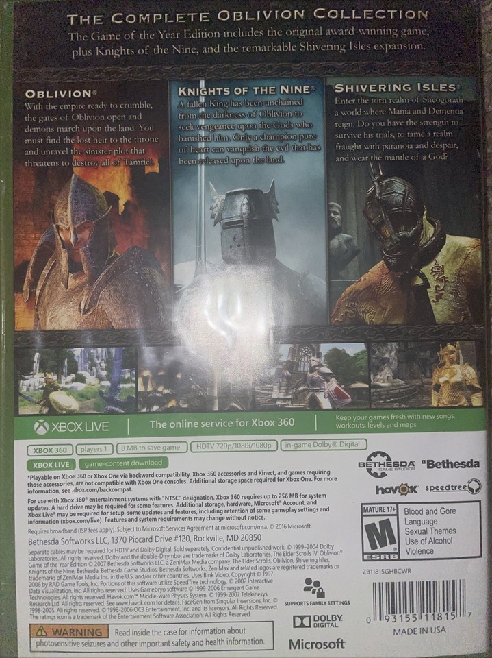 elder scrolls oblivion xbox one And 360 (Disc 1 Only) eBay