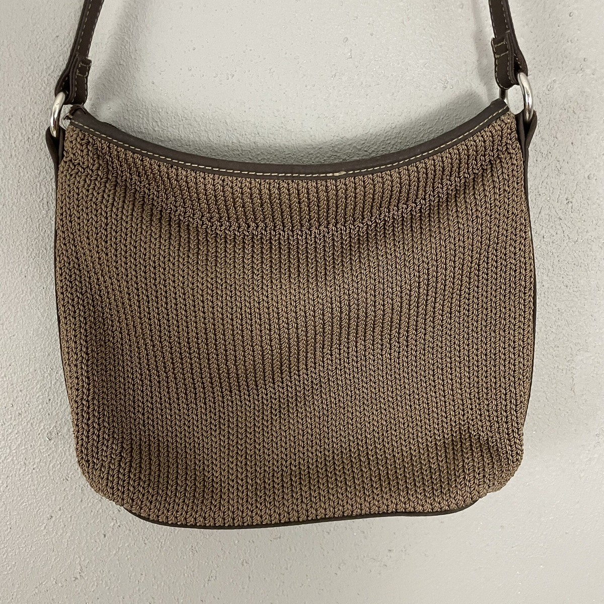 LINA Brown Woven Crochet Shoulder Bag Purse Zip Top Inner Outer