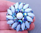 Vintage Juliana Blue Rhinestone Milk Glass Silver tone Round Brooch