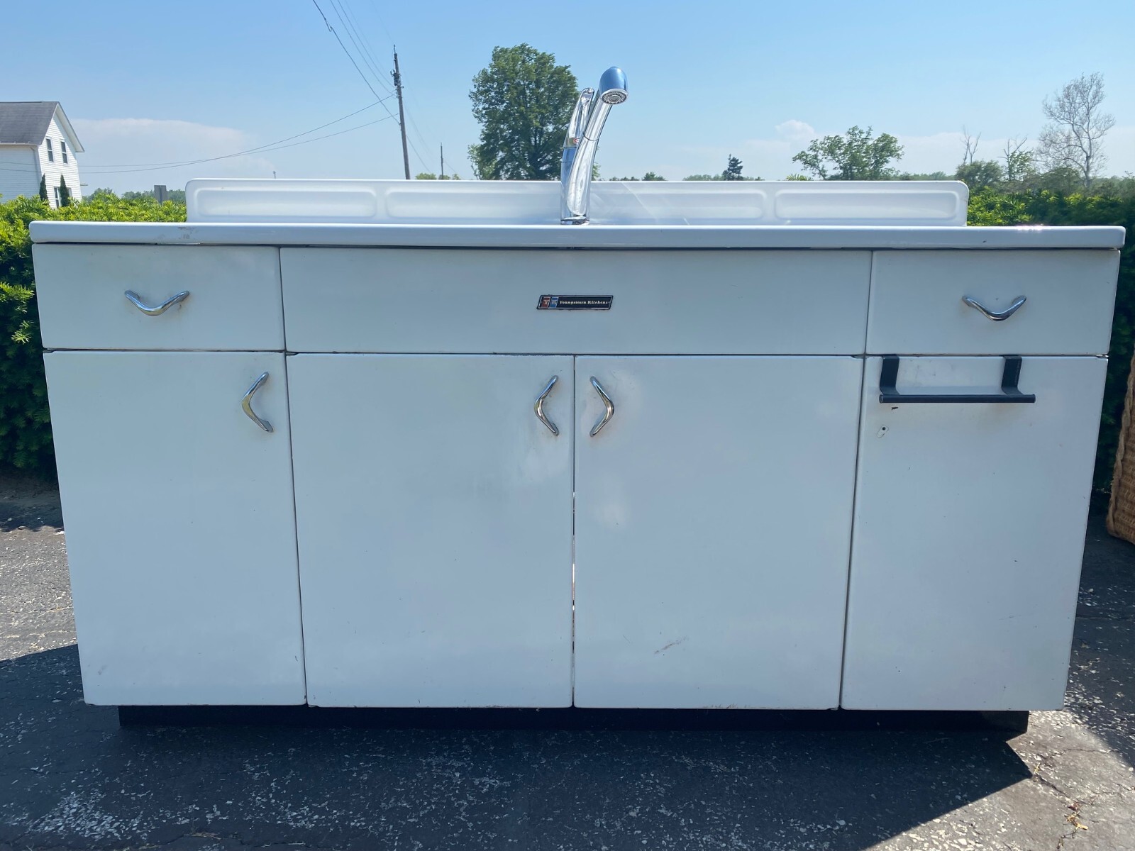 Youngstown Kitchen and Sink. Cast Iron double bowl. 60" long