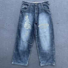Vtg Paco Jeans Mens 38 x 32 Baggy Wide Leg Pants Black Skater Embroidered Dragon