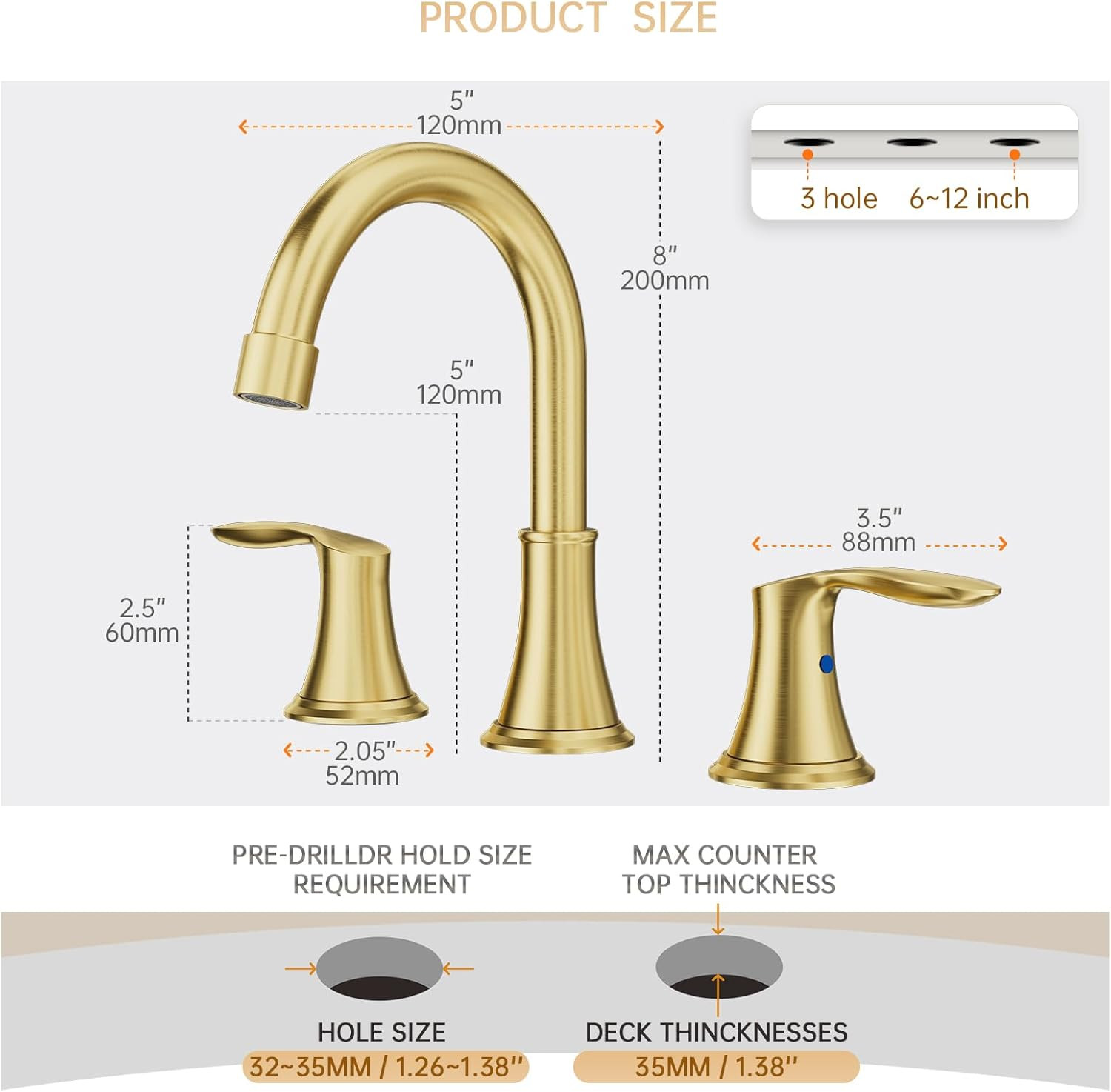 Brushed Gold Widespread 8 Inch 3 Holes Bathroom Faucet，2 Handles Modern Bathroom