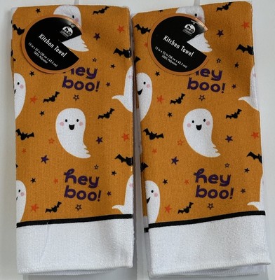 Set Of Two Halloween Kitchen Towels HEY BOO!  Ghosts  & Bats 15  x 25 