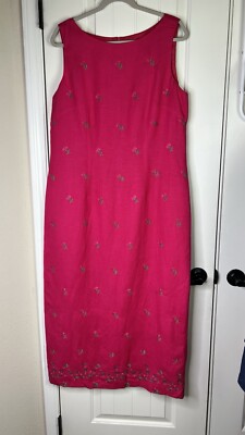 VTG JESSICA HOWARD Long Linen Blend Hot Pink Embroidered Sheath Dress 16  Shabby | eBay