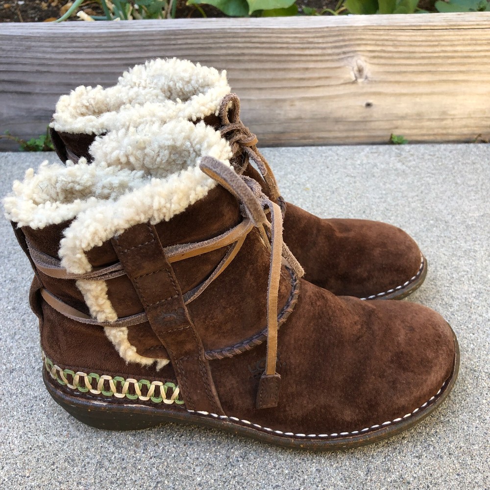UGG AUSTRALIA Cove Boots 8 Womens Brown Leather Suede Sherpa Shearling 5178